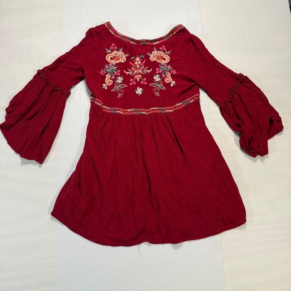 Altard State Embroidered Boho Festival Mini Dress Burgundy Bell Sleeve Floral S - Picture 8 of 9